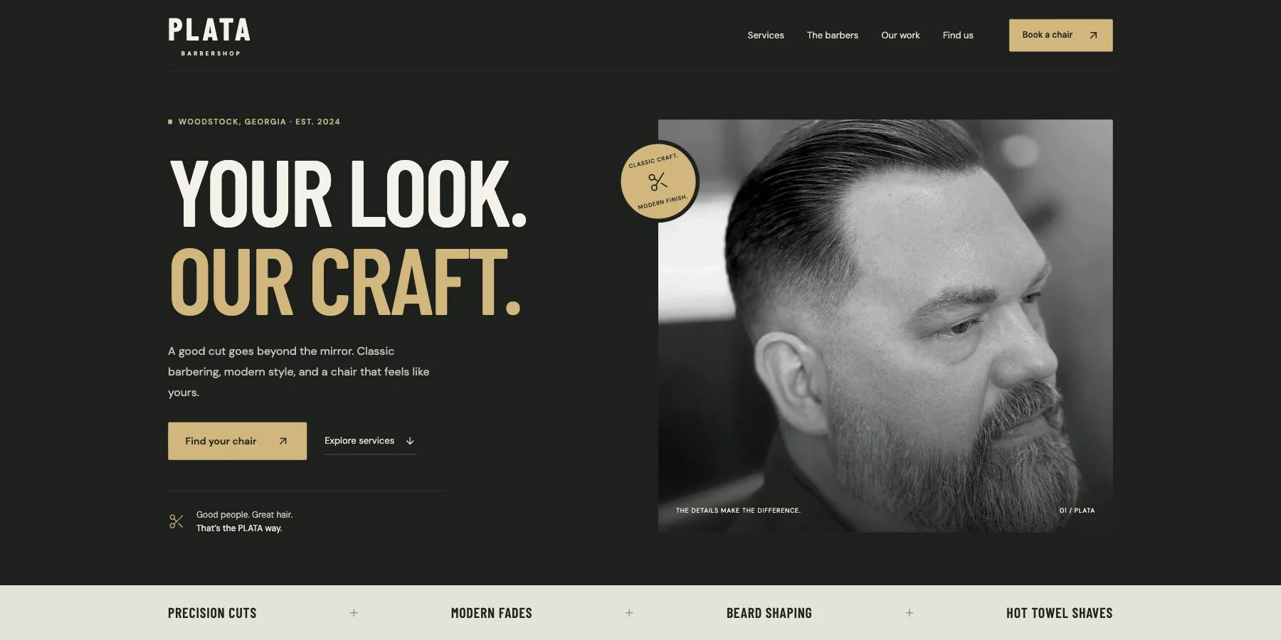 PLATA Barbershop website with bold charcoal-and-gold typography and a photograph of a precision haircut