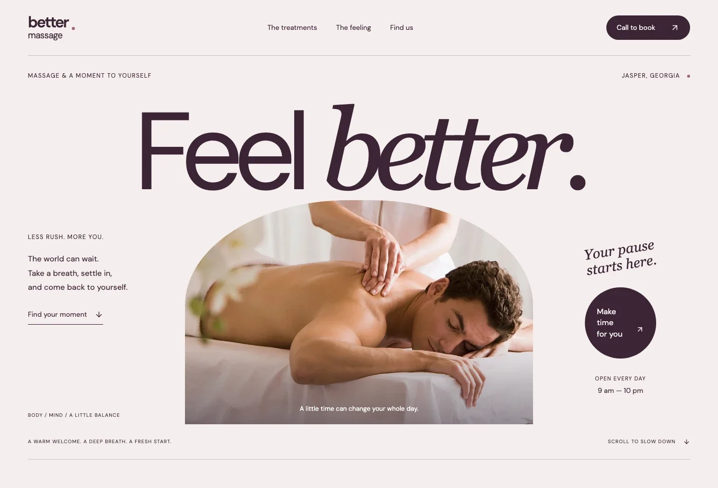 Better Massage website redesign with oversized plum typography, an arched massage photograph, and a soft rose background